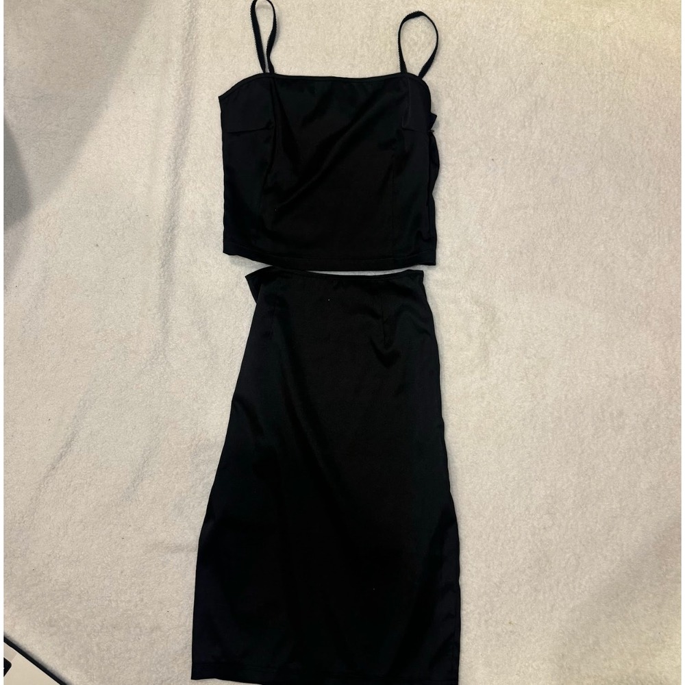 D&G Black Satin Square Neck Spaghetti Strap Crop Top Midi Skirt Set Italy